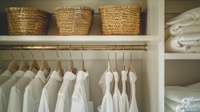 Neatly arranged white shirts and wicker baskets in a minimalist wardrobe exude organization and simple elegance, reflecting a clean and tidy lifestyle.