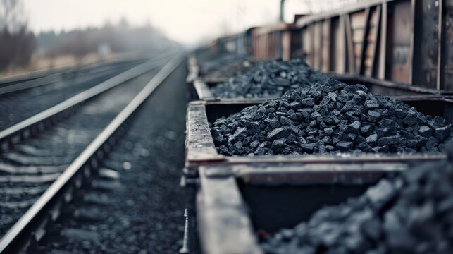 Lengthy coal-laden train cars extend into the horizon along tracks, conveying a sense of industrial strength and endless supply.