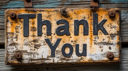 Rustic wooden 'Thank You' sign with weathered texture and vintage charm, attached to an aged wooden background, conveying gratitude in an artistic manner