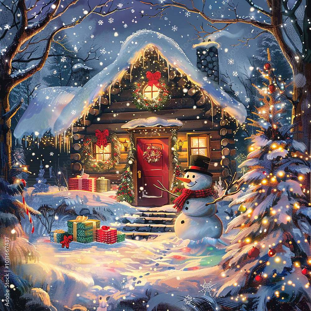 Poster a snowman stands in front of a house with a red door and a wreath on it. the scene is set in a snowy