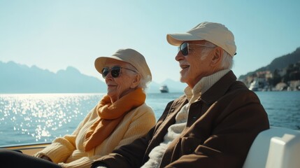 Fototapeta premium A couple of older people are sitting on a boat, smiling and enjoying the view