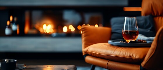 Obraz premium 1950s fireplace with a crackling fire, cozy home setting, warm amber lighting and mid-century decor