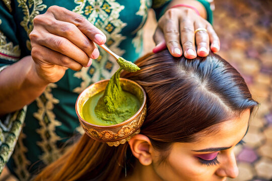 Herbal henna paste applied on hair with traditional Indian tools