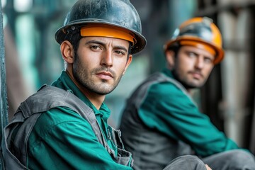 Steel plant workers in uniforms with serious expressions, industrial photography portrait
