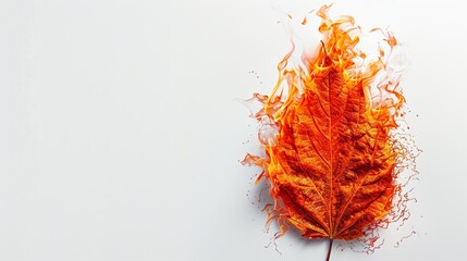 A burning leaf, natural texture, realistic fire, isolated on white background