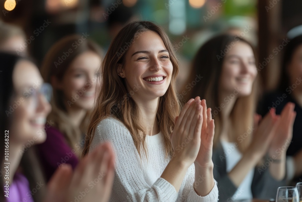 Wall mural group of friendly women clapping hands and congratulating their colleague on getting career promotio