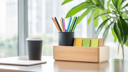 Workspace with Stationery and Green Plant Accent