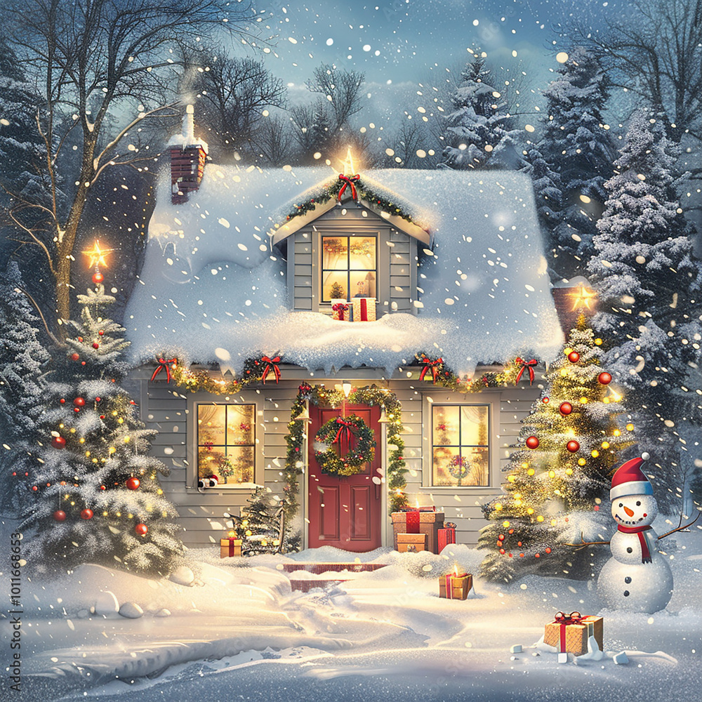 Poster a snowman stands in front of a house with a red door and a wreath on it. the scene is set in a snowy