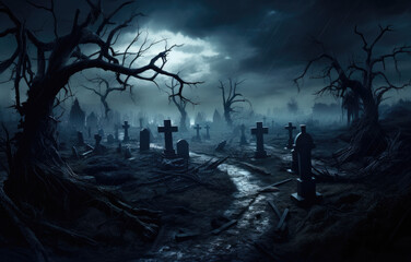 Scary cemetery with graves and full moon for Halloween. Spooky halloween background, Halloween illustration for poster and banner design