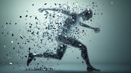 Fototapeta premium A human figure shattering like glass into a thousand pieces, escaping from an invisible box, representing liberation, freedom and breaking societal barriers