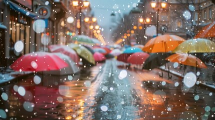 A collection of umbrellas creates a vibrant mosaic amidst a softly falling snow on a busy street.