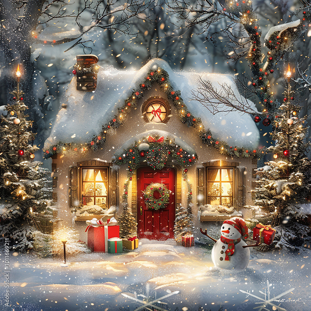 Poster a snowman stands in front of a house with a red door and a wreath on it. the scene is set in a snowy