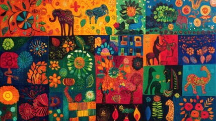 A vibrant Indian painting full of cultural motifs, no one present, with room for text.