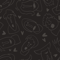Seamless background with funny faces of anthropomorphic creatures. Humorous characters with different emotions