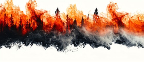 A wildfire spreading across a forest, high-intensity flames, isolated on white background