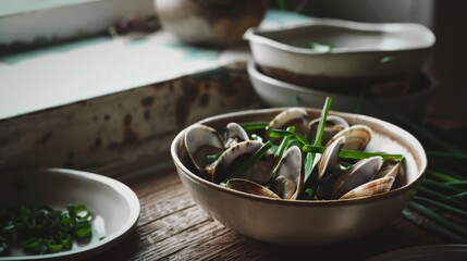 A rustic kitchen setup with a bowl of steamed clams garnished with green onions placed on a wooden table near a window.