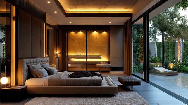 Fototapeta Luxurious Bedroom with View of Pool and Garden