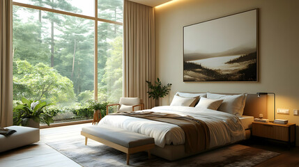 Bedroom Interior Design with Large Window and Mountain Landscape Illustration