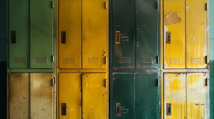 Weathered lockers, each uniquely colored, tell stories of time and use, standing as silent witnesses to the everyday hustle in school corridors.