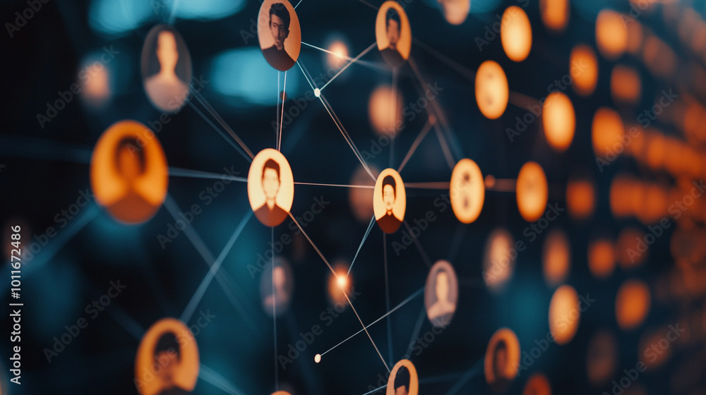 Aufkleber visual representation of interconnected people through a digital network on a virtual background