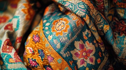 Beautiful South Asian textile art with colorful patterns, no people, leaving room for captions.