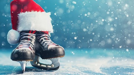 Ice skates adorned with a Santa hat rest on frosty ice, creating a festive, wintry scene.