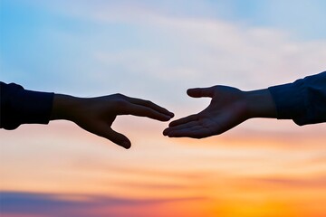A touching encounter between two silhouettes of hands reaching toward each other, set against a vibrant and peaceful sunset sky, symbolizing connection and hope.