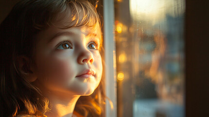 Obraz premium thoughtful child gazing out of classroom window, reflecting on world beyond. warm light creates serene atmosphere, highlighting childs curiosity and wonder