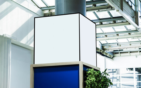 Mock up. Indoor advertising at the fair, event, Public information board hanging of empty white mock up signage. Cubic, squared, box 360 degrees.