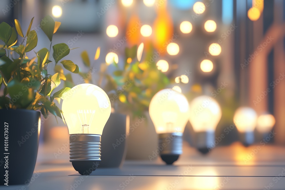 Poster a row of light bulbs are in a row in a vase. the bulbs are lit up and the vase is on a table. the sc