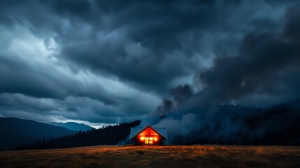 Obraz premium Flames engulfing a vintage wooden cabin, smoke billowing into a stormy sky