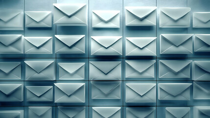 A 3D Render of White Envelopes Arranged in a Grid Pattern on a Blue Background