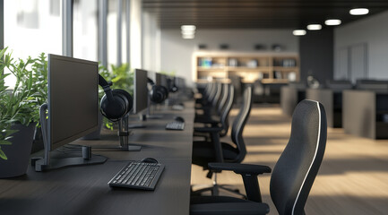 A photo of an office desk with black computer chairs, an over-the-shoulder shot, featuring modern technology equipment and headsets on it. 