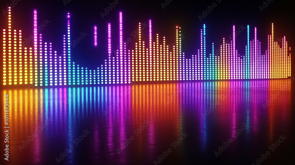 Poster vibrant equalizer effect with neon lights reflecting on glossy surface, creating dynamic and energet