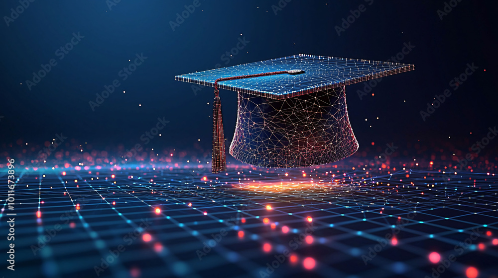 Poster digital art of open graduation cap floating in vibrant, abstract space filled with glowing particles