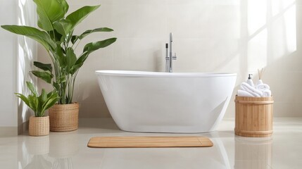 Modern Bathroom with Stylish Bathtub and Green Plants