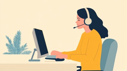 Woman wearing headphones in a call center, focused on customer support. Simple background, emphasizing her dedication to service and communication.