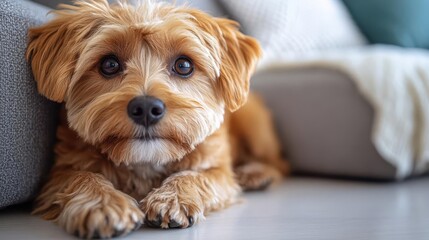 small brown dog lounging comfortably on a clean white floor exuding warmth and friendliness capturing the essence of companionship and domestic bliss