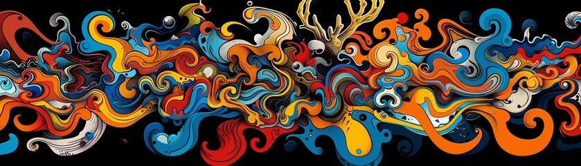 Psychedelic 60s poster of a roaring fire, swirling colors and abstract patterns, invoking free-spirited energy
