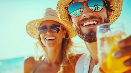 Woman and man enjoying a summer vacation at the beach, sipping cocktails and having fun together at a vibrant beach party.
