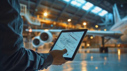 In a tech-filled hangar, an individual studies the detailed aircraft diagrams on a tablet, showcasing focused planning and precision.