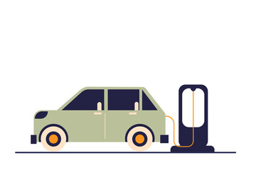 Green electric car at the charging station. EV plugged, charging. Clean energy vehicles. Green power, eco, carbon footprint. Battery-operated. Flat vector illustration isolated on white background