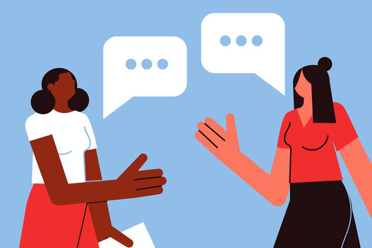 Two women at work, people talking, brainstorming, shaking hands, exchanging their views and insights. Colorful, vector illustration, character design	