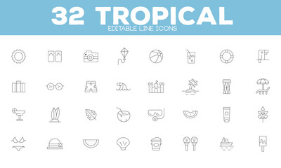 32 Tropical Editable Line Icons – Summer Beach, Vacation, Travel Elements