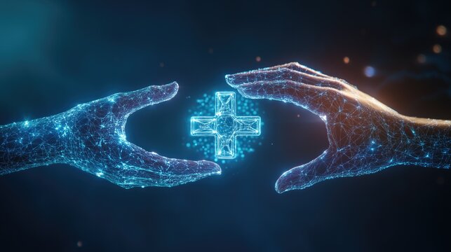 Robot hand ai artificial intelligence assistance for medical healthcare practices operation surgical performance, unity with human and ai concept, with graphical icon, generative ai