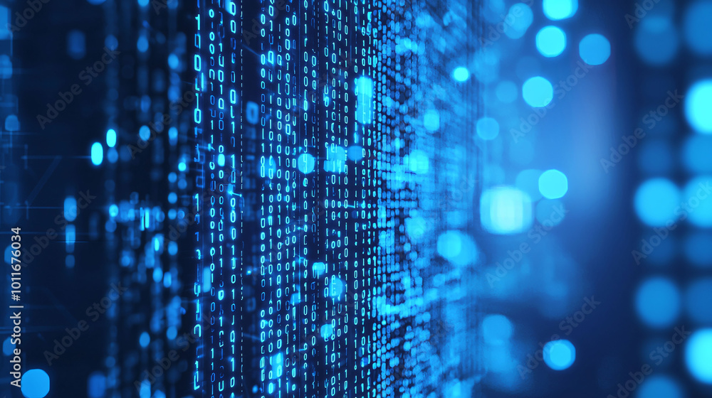 Poster digital abstract background featuring blue binary code and glowing dots, creating futuristic and tec