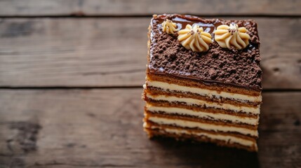 Caramel layer cake on a wooden surface, captured from above with space for captions.
