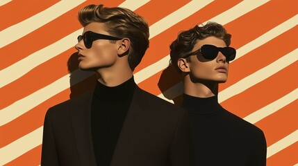 High-contrast fashion photograph of two androgynous male models wearing black sunglasses with orange and cream striped background, showcasing bold lighting and minimalist outfits