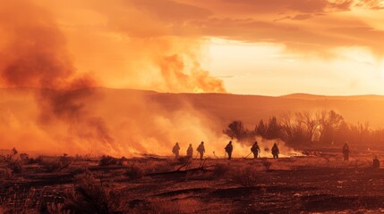 Fototapeta premium Firefighters work together at dusk to control and extinguish a massive wildfire under a smoke-filled sky, creating a dramatic and intense scene.