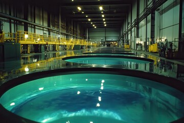 Large water treatment plant with glowing blue liquid in tanks, industrial photography at night